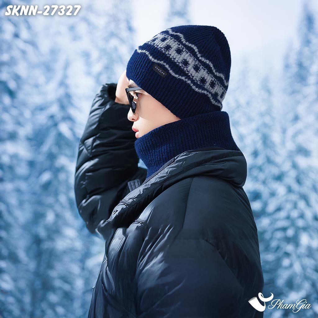 Set Khăn Nón Len Beanie Giữ Ấm Unisex Họa Tiết Mùa Đông Màu Xanh Navy (SKNN27327)