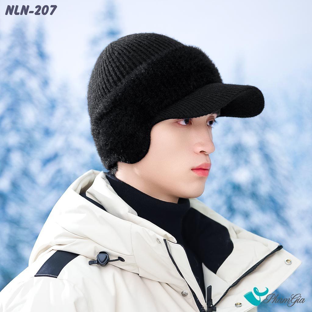 Nón Len Phối Lông Thu Đông Thời Trang Nam Kèm Tai Chụp Giữ Ấm Màu Đen (NLN207)