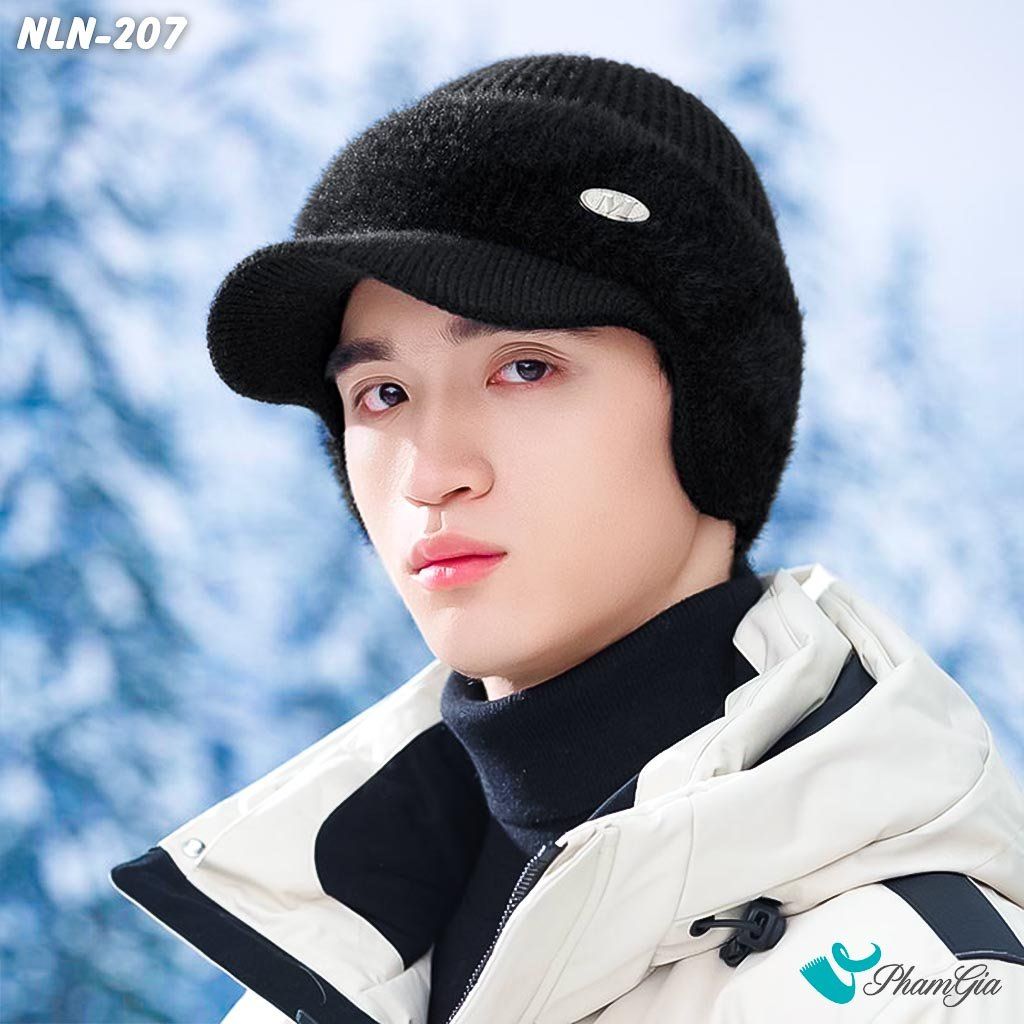 Nón Len Phối Lông Thu Đông Thời Trang Nam Kèm Tai Chụp Giữ Ấm Màu Đen (NLN207)