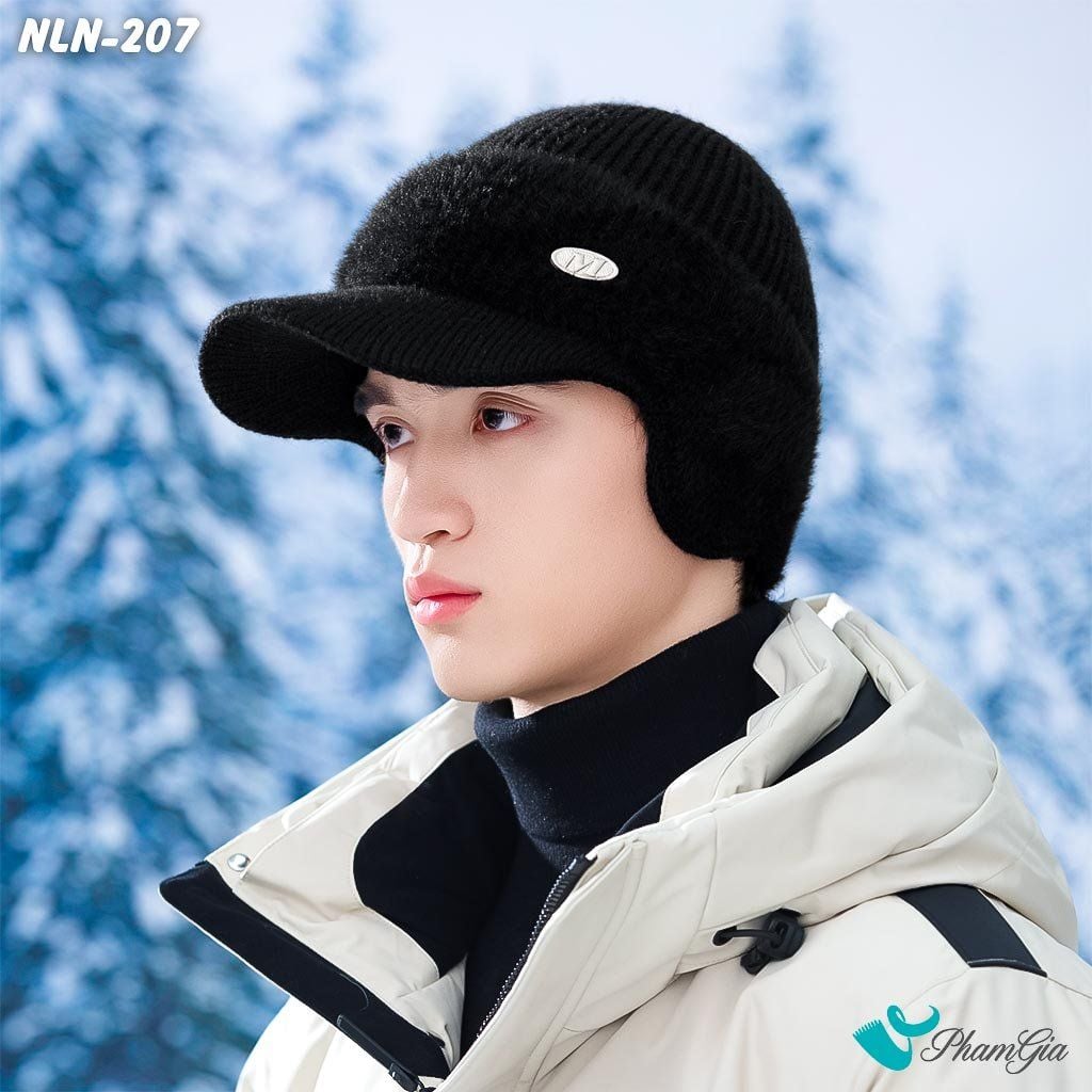 Nón Len Phối Lông Thu Đông Thời Trang Nam Kèm Tai Chụp Giữ Ấm Màu Đen (NLN207)
