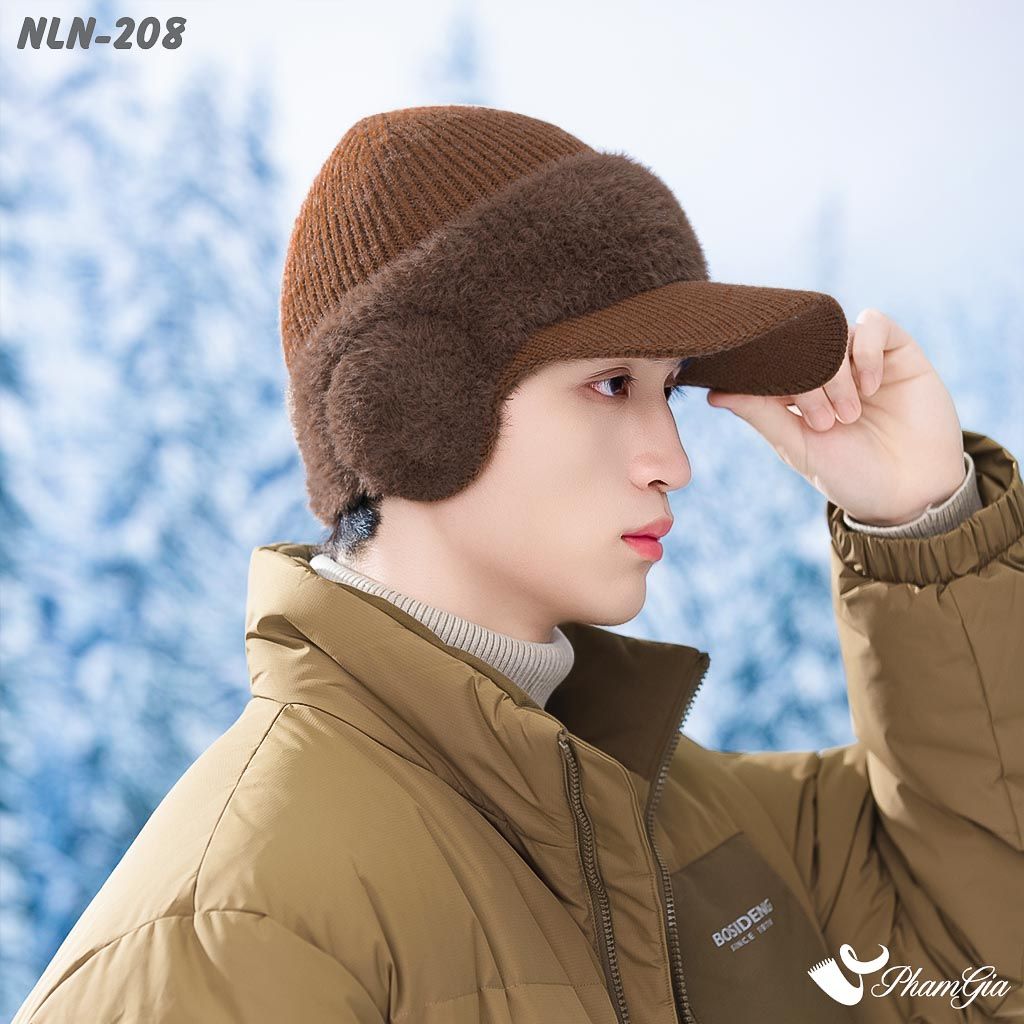Nón Len Phối Lông Thu Đông Thời Trang Nam Kèm Tai Chụp Giữ Ấm Màu Nâu (NLN208)