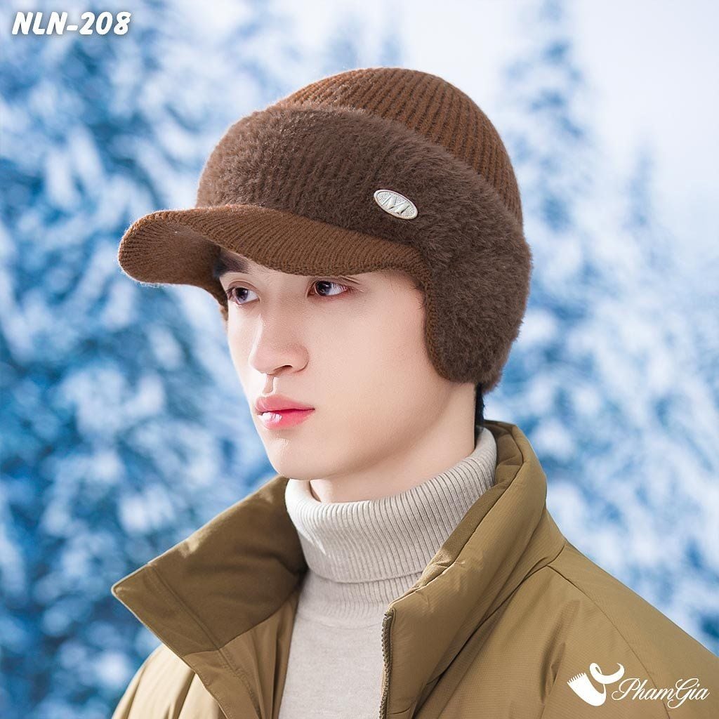 Nón Len Phối Lông Thu Đông Thời Trang Nam Kèm Tai Chụp Giữ Ấm Màu Nâu (NLN208)