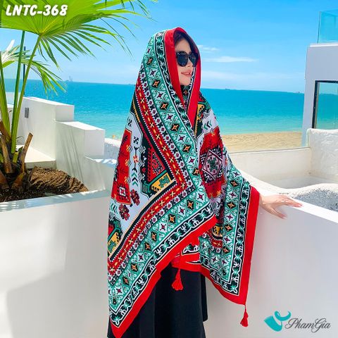 Khăn Choàng Linen Boho Họa Tiết Thổ Cẩm Tribal Nhiều Màu Phối Viền Đỏ Độc Đáo (LNTC368)