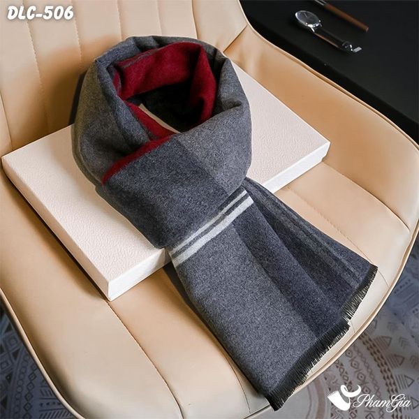 Khăn Choàng Dạ Lông Cừu Cao Cấp Họa Tiết Kẻ Sọc Phối Màu Đỏ - Xám Ghi Lịch Lãm Cho Nam (DLC506)