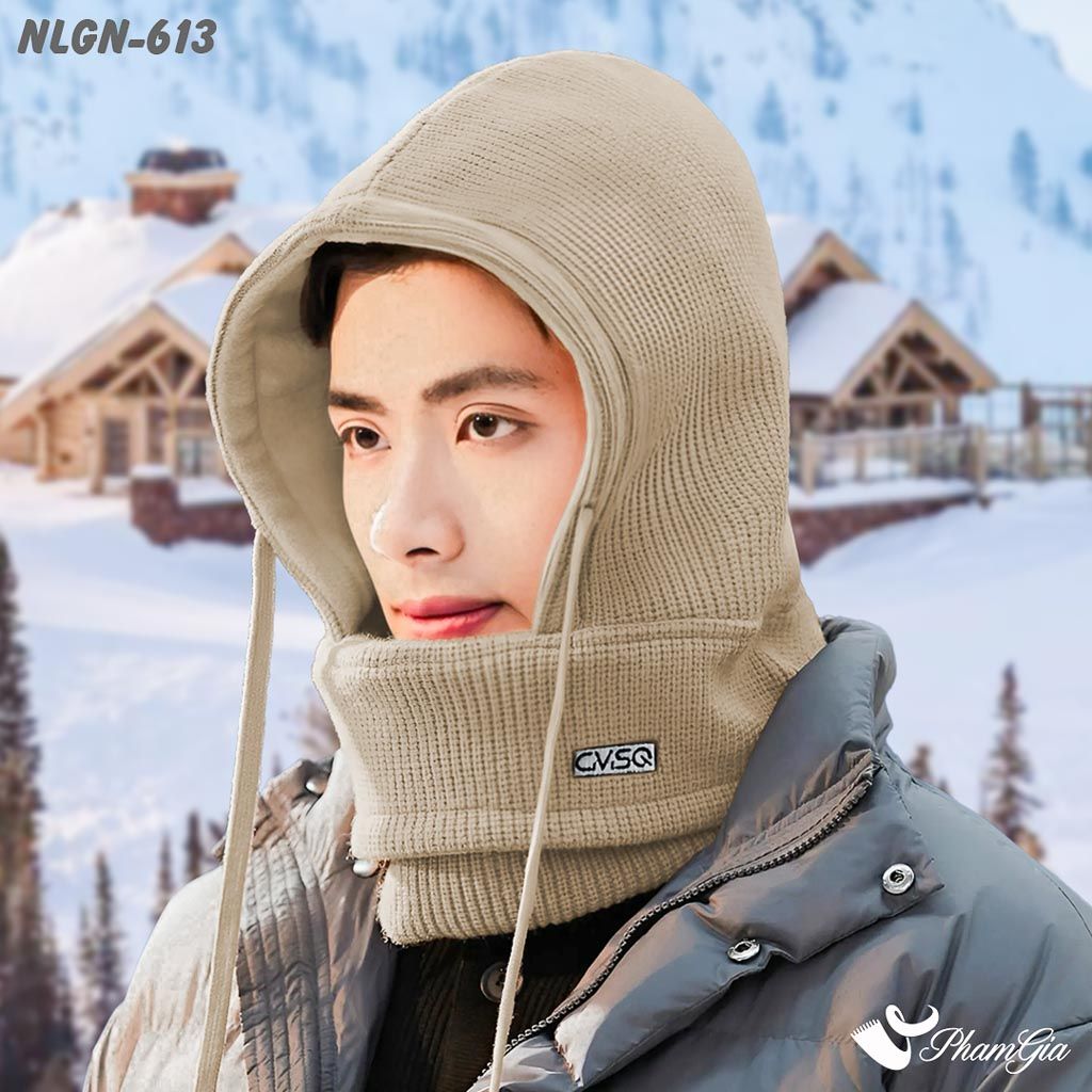 Model Nam Đội Nón Len Lót Lông Giữ Nhiệt Chuyên Dụng Tích Hợp Khẩu Trang Giữ Ấm Màu Nâu Rêu