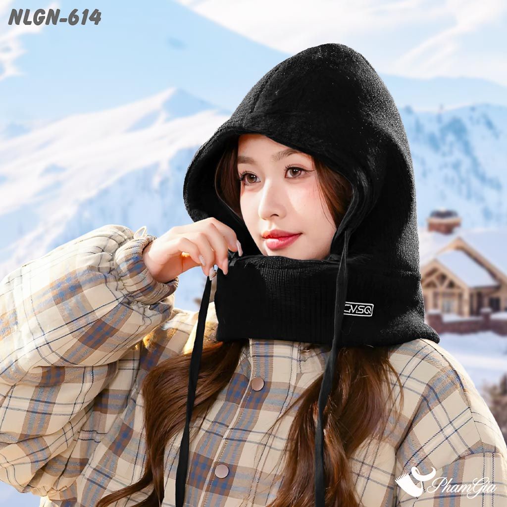 Model Đội Nón Len Lót Lông Giữ Nhiệt Chuyên Dụng Tích Hợp Khẩu Trang Giữ Ấm Màu Đen