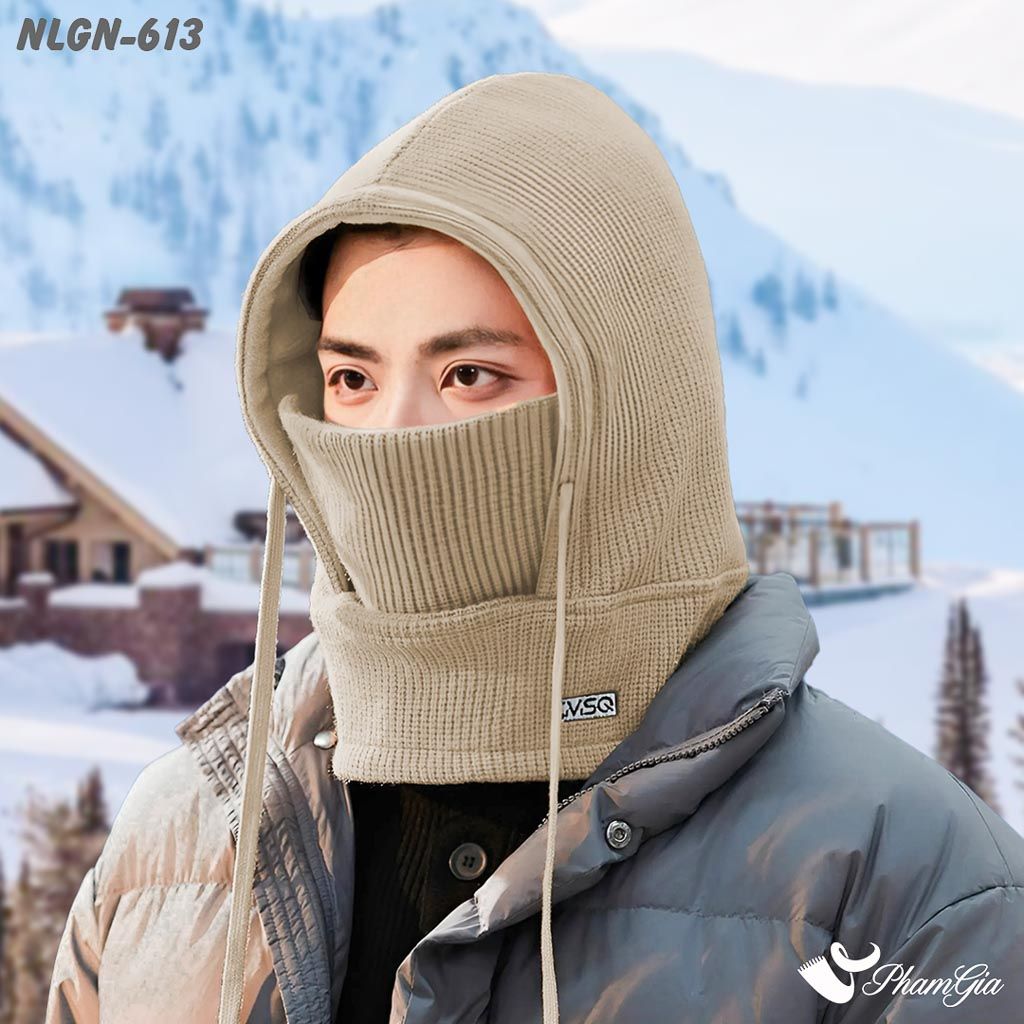 Nón Len Lót Lông Giữ Nhiệt Chuyên Dụng Tích Hợp Khẩu Trang Giữ Ấm Màu Nâu Rêu