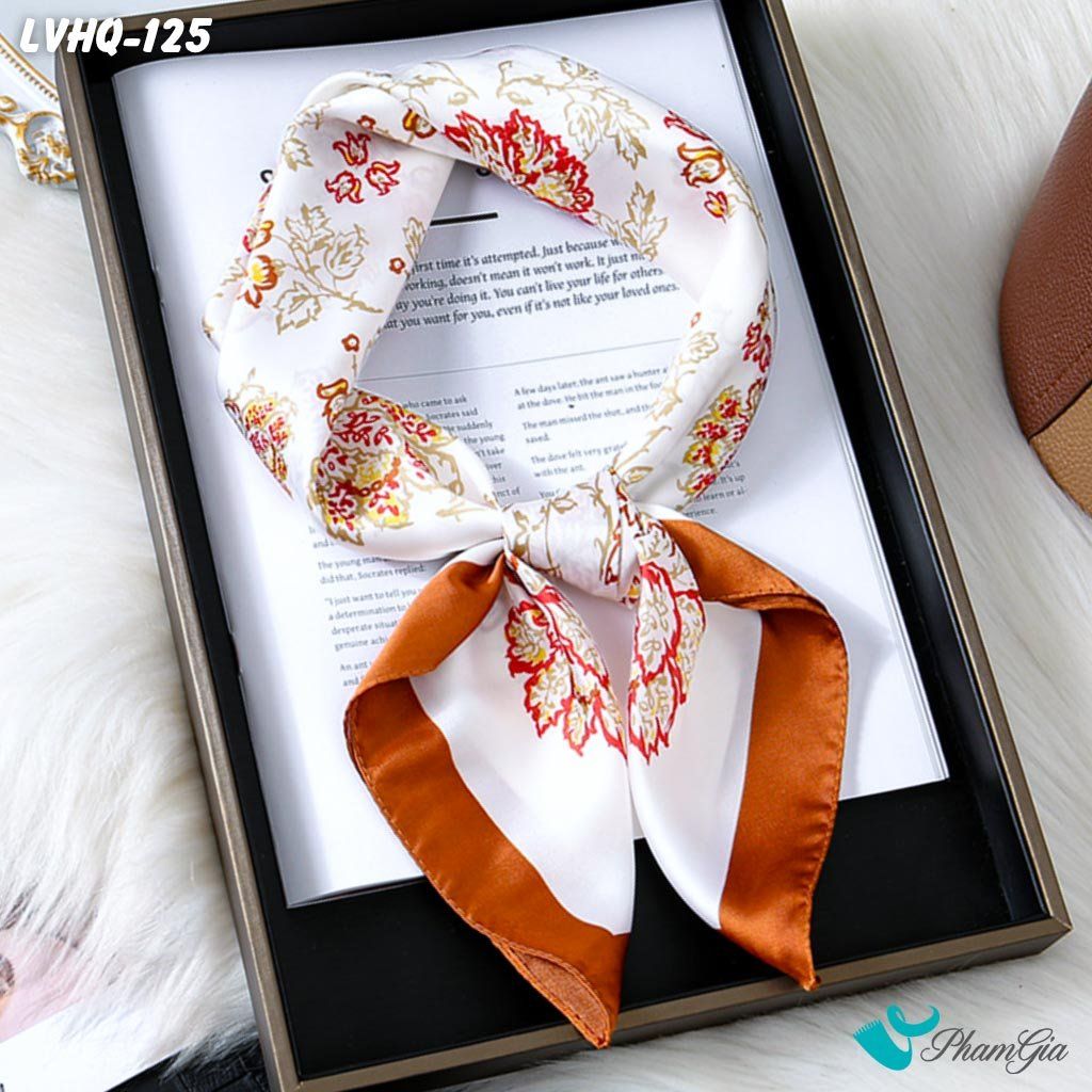 Khăn Lụa Vuông 70*70Cm Phong Cách Hàn Quốc Họa Tiết Hoa Cách Điệu Viền Nâu (LVHQ125)