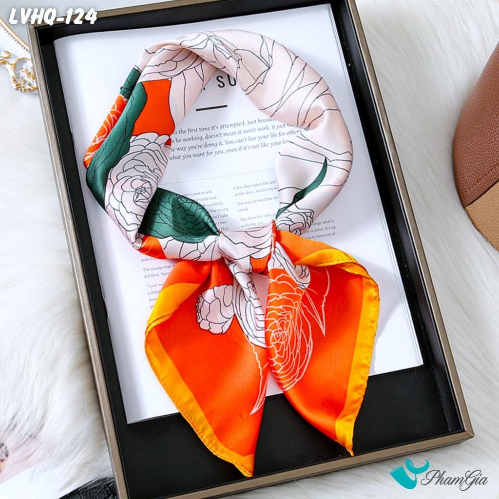 Khăn Lụa Vuông 70*70Cm Phong Cách Hàn Quốc Họa Tiết Hoa Hồng Phối Viền Cam (LVHQ124)