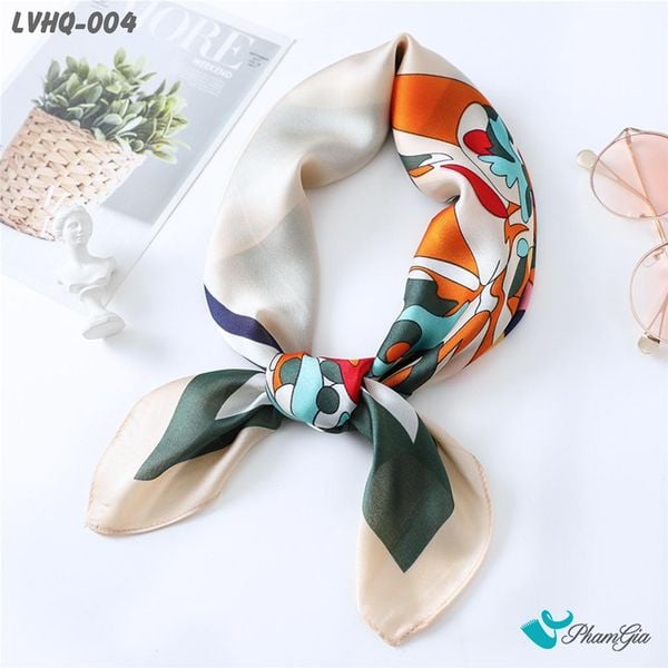 Khăn Lụa Vuông 70*70cm Phong Cách Hàn Quốc Họa Tiết Cô Gái Màu Xanh Rêu (LVHQ004)