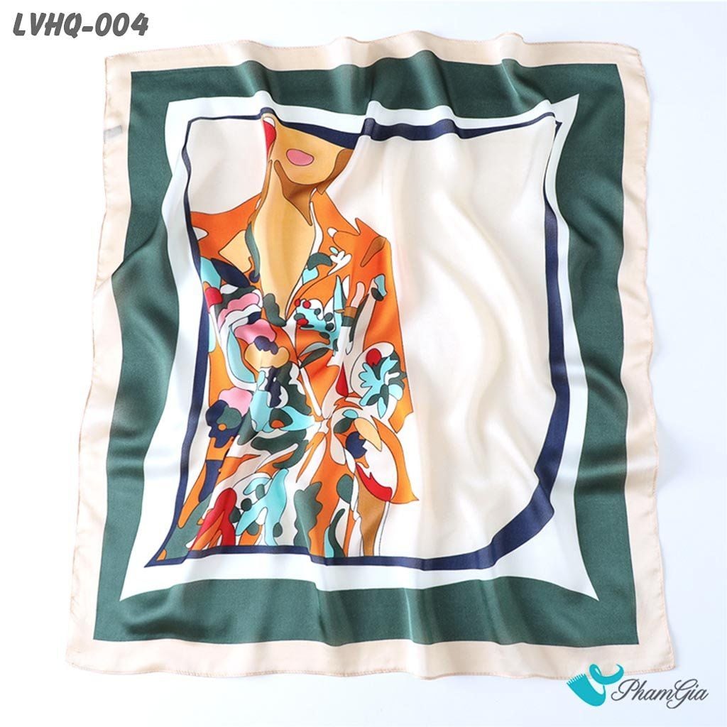 Cận Cảnh Khăn Lụa Vuông 70*70cm Phong Cách Hàn Quốc Họa Tiết Cô Gái Màu Xanh Rêu