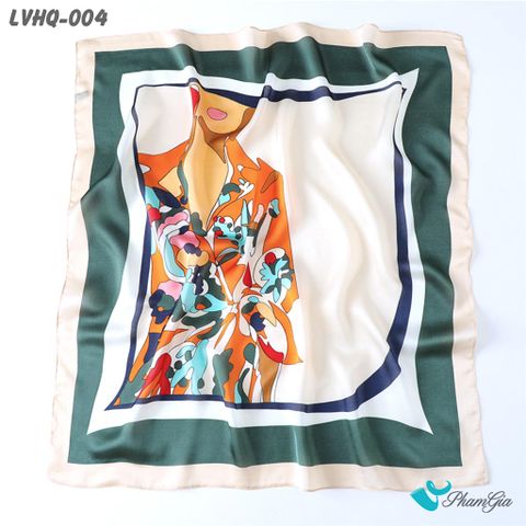 Cận Cảnh Khăn Lụa Vuông 70*70cm Phong Cách Hàn Quốc Họa Tiết Cô Gái Màu Xanh Rêu