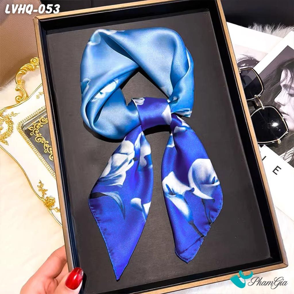 Khăn Lụa Vuông 70*70Cm Phong Cách Hàn Quốc Họa Tiết Hoa Calla Màu Xanh Navy (LVHQ053)