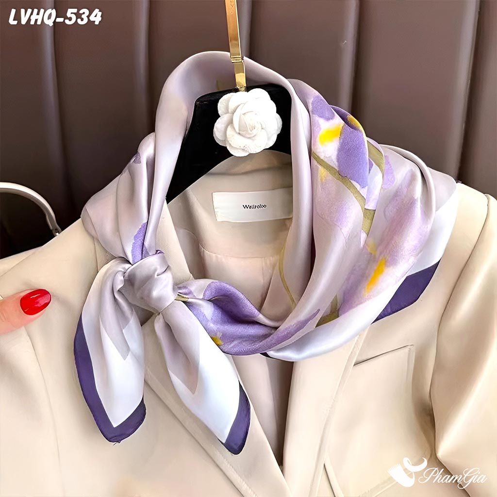 Góc Trên Khăn Lụa Vuông 70*70cm Phong Cách Hàn Quốc Họa Tiết Hoa DIên Vĩ Màu Tím