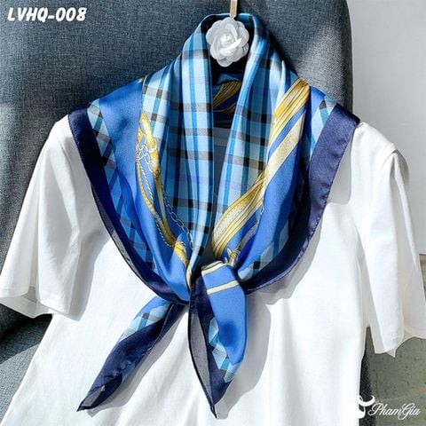 Cận Cảnh Khăn Lụa Vuông 70*70cm Phong Cách Hàn Quốc Họa Tiết Retro Màu Xanh Navy