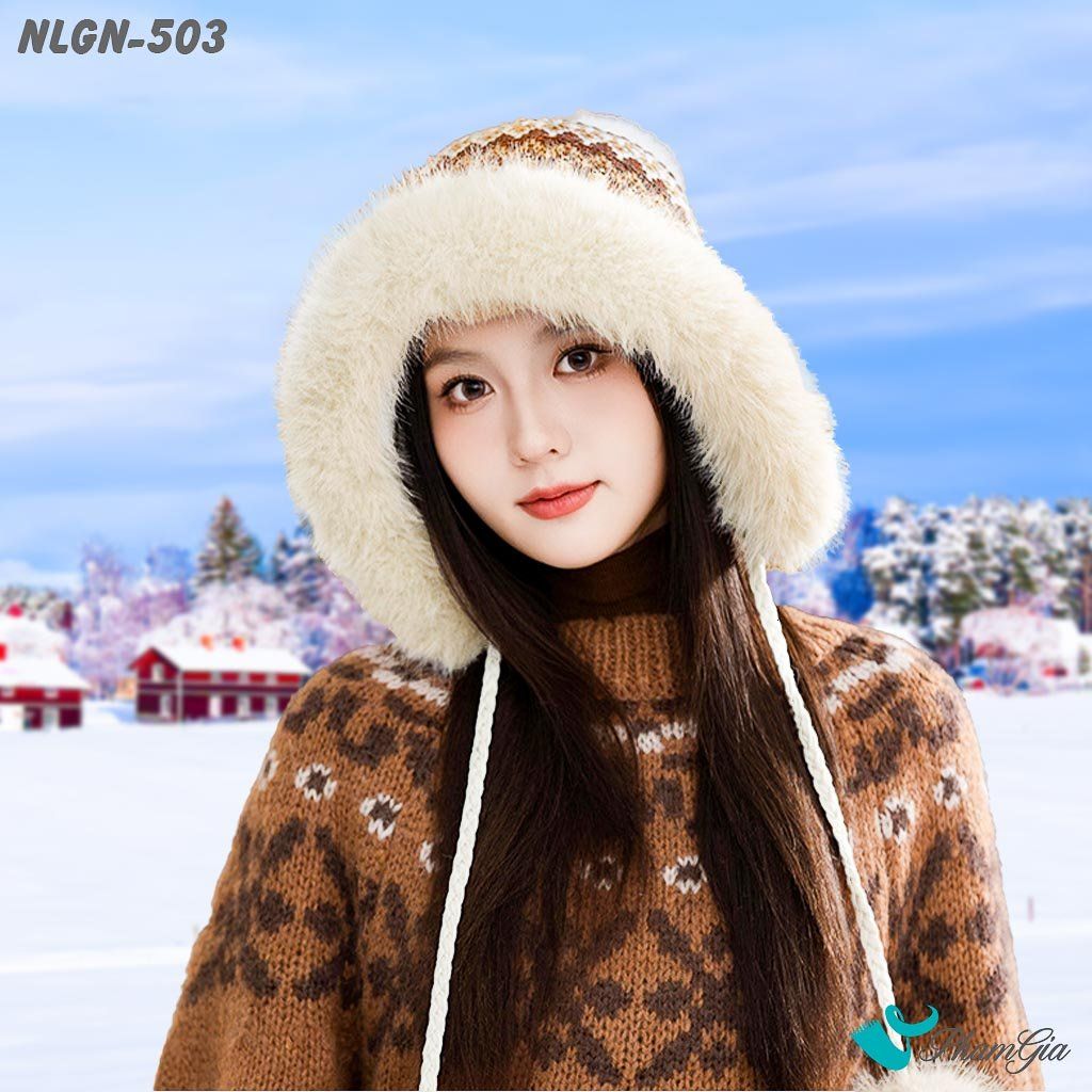 Nón Len Phối Lông Giữ Nhiệt Chuyên Dụng Phối Viền Lông 2 Lớp Cao Cấp Dệt Họa Tiết Thổ Cẩm Màu Nâu Bạc Xỉu (NLGN503)