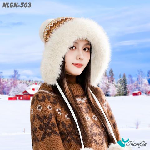 Nón Len Phối Lông Giữ Nhiệt Chuyên Dụng Phối Viền Lông 2 Lớp Cao Cấp Dệt Họa Tiết Thổ Cẩm Màu Nâu Bạc Xỉu (NLGN503)