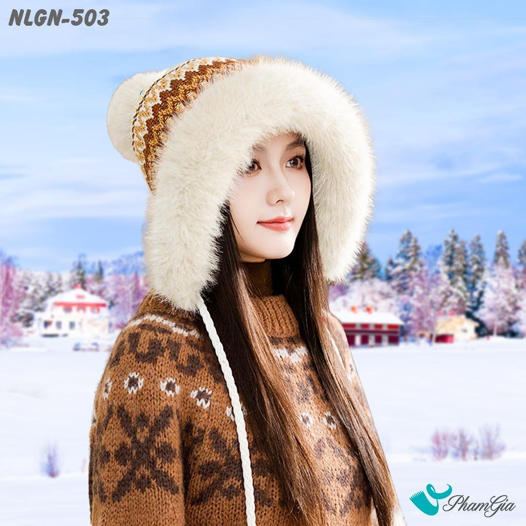 Nón Len Phối Lông Giữ Nhiệt Chuyên Dụng Phối Viền Lông 2 Lớp Cao Cấp Dệt Họa Tiết Thổ Cẩm Màu Nâu Bạc Xỉu (NLGN503)