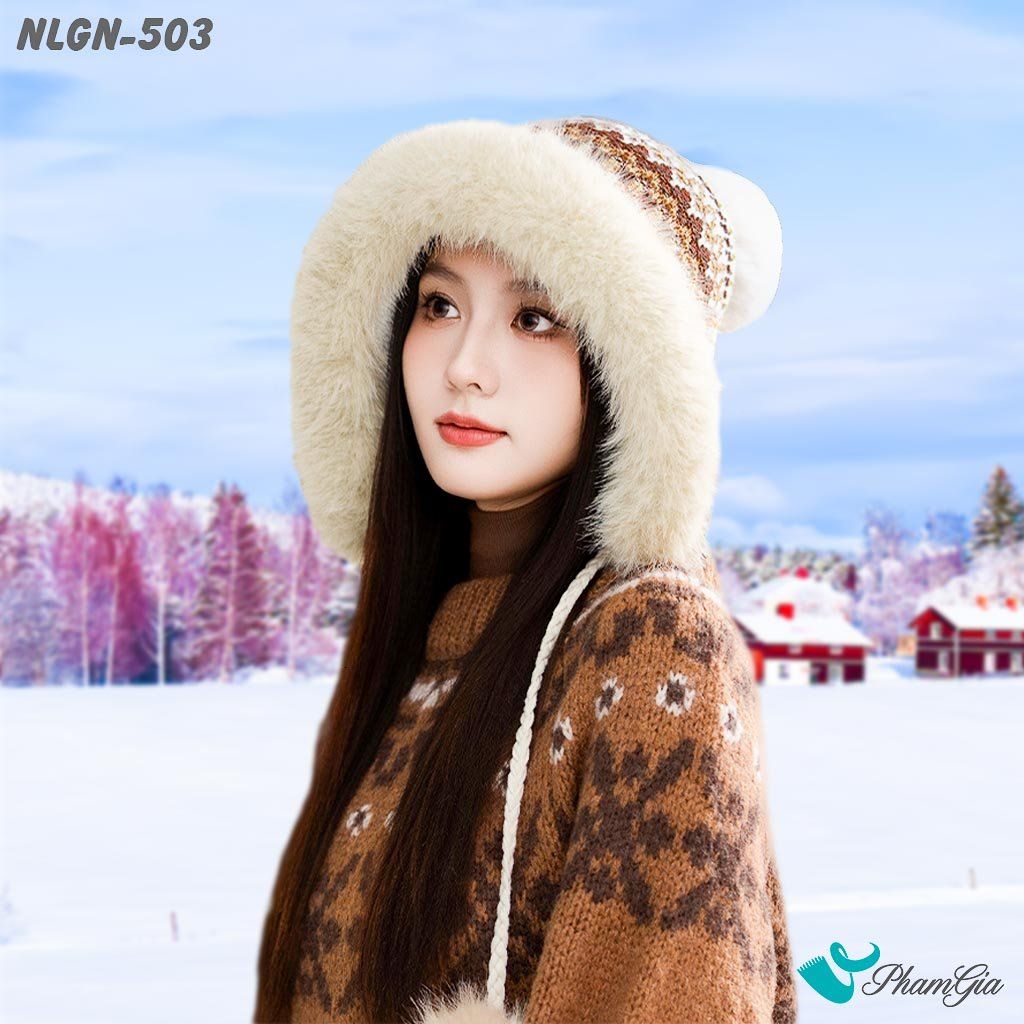 Nón Len Phối Lông Giữ Nhiệt Chuyên Dụng Phối Viền Lông 2 Lớp Cao Cấp Dệt Họa Tiết Thổ Cẩm Màu Nâu Bạc Xỉu (NLGN503)