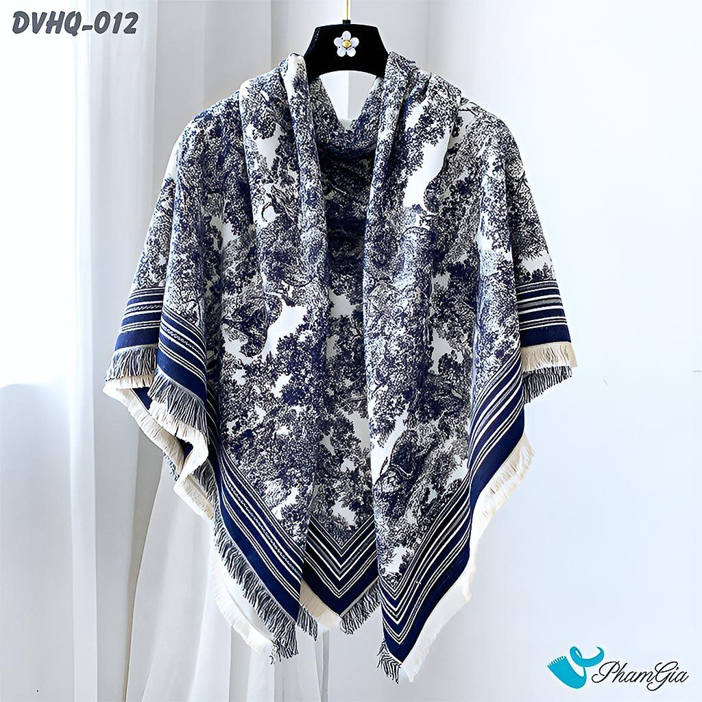 Khăn Choàng Dạ Cashmere Vuông Phong Cách Hàn Quốc Cao Cấp Họa Tiết Tranh Rừng Cổ Điển Màu Xanh Navy