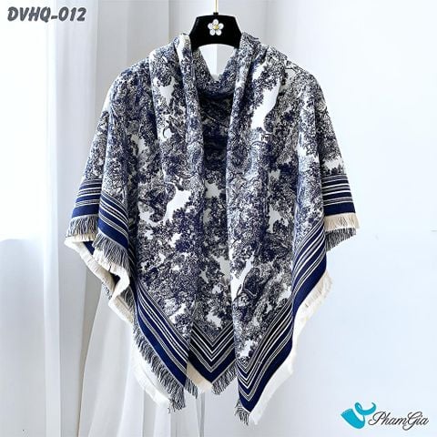 Khăn Choàng Dạ Cashmere Vuông Phong Cách Hàn Quốc Cao Cấp Họa Tiết Tranh Rừng Cổ Điển Màu Xanh Navy