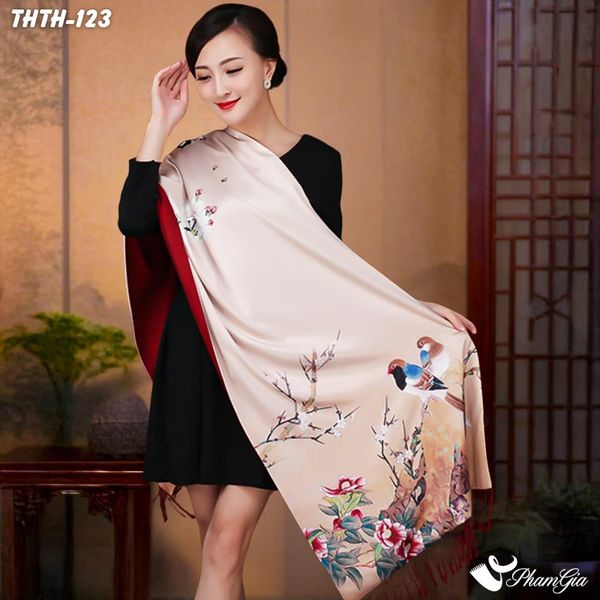 Khăn Choàng Tằm Hoa Thượng Hải 2 Lớp Cao Cấp Họa Tiết Chim Hoàng Yến Màu Beige Sang Trọng (THTH123)