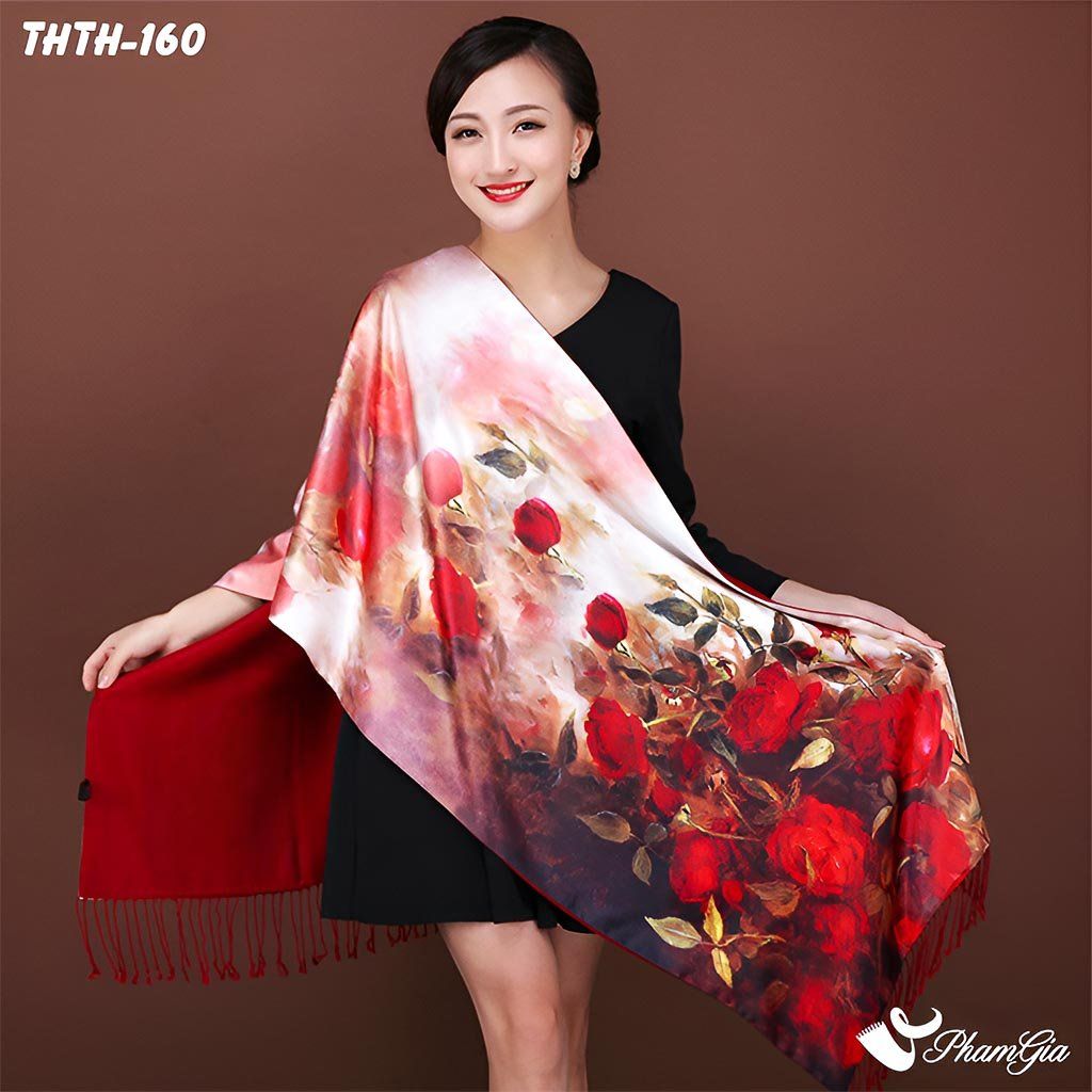 Khăn Choàng Tằm Hoa Thượng Hải 2 Lớp Cao Cấp Họa Tiết Hoa Hồng Nhung Màu Đỏ Đô Rực Rỡ