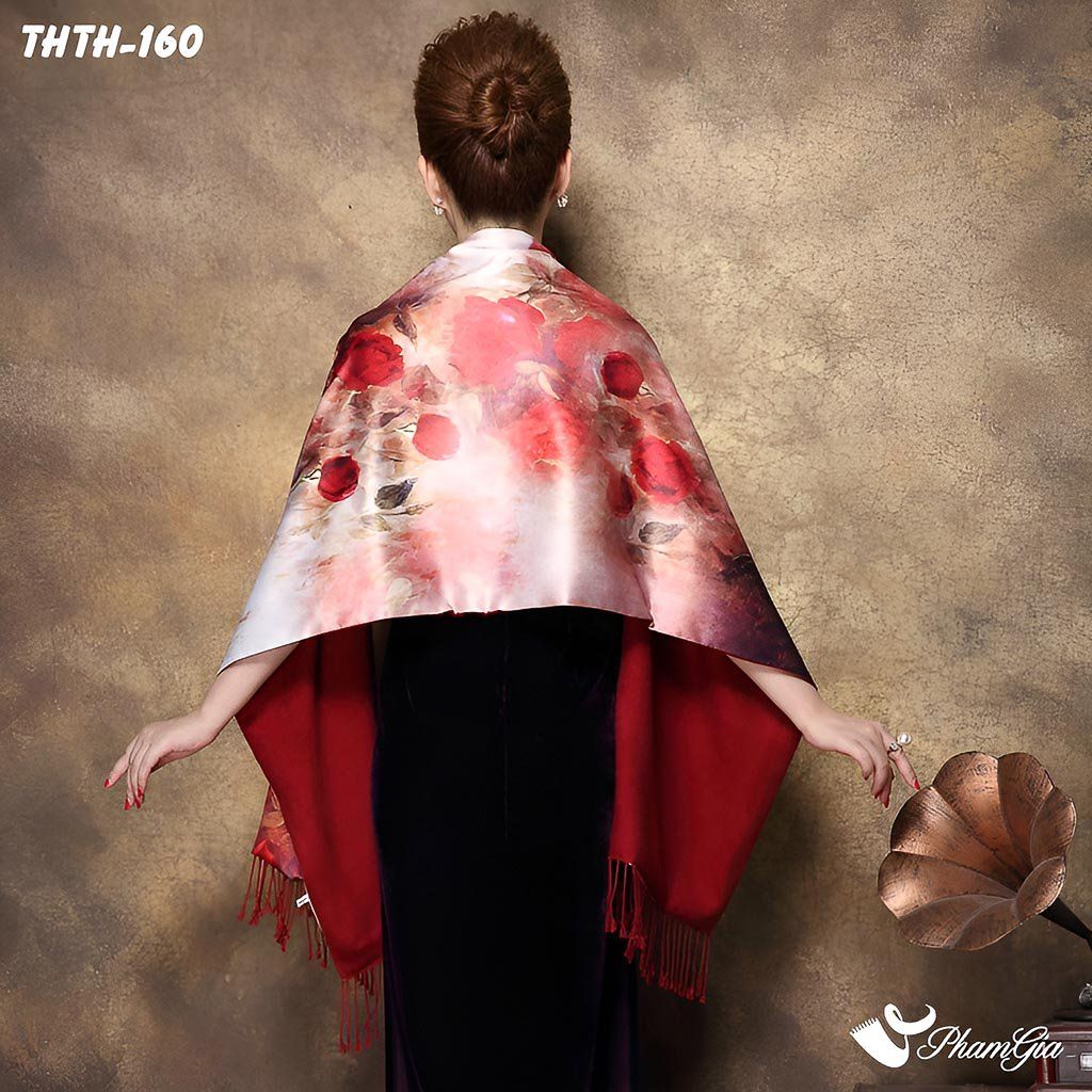 Họa Tiết Khăn Choàng Tằm Hoa Thượng Hải 2 Lớp Cao Cấp Họa Tiết Hoa Hồng Nhung Màu Đỏ Đô Rực Rỡ