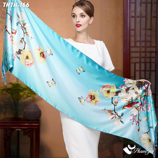 Khăn Choàng Tằm Hoa Thượng Hải 2 Lớp Cao Cấp Họa Tiết Hoa Mộc Lan Màu Xanh Ngọc Trang Nhã  (THTH166)