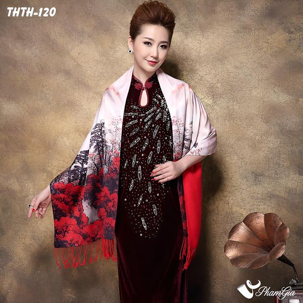 Khăn Choàng Tằm Hoa Thượng Hải 2 Lớp Cao Cấp Họa Tiết Rừng Đại Ngàn Màu Đỏ Sang Trọng (THTH120)