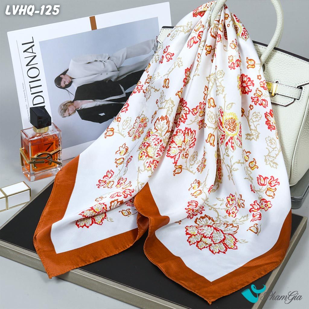 Khăn Lụa Vuông 70*70Cm Phong Cách Hàn Quốc Họa Tiết Hoa Cách Điệu Viền Nâu (LVHQ125)