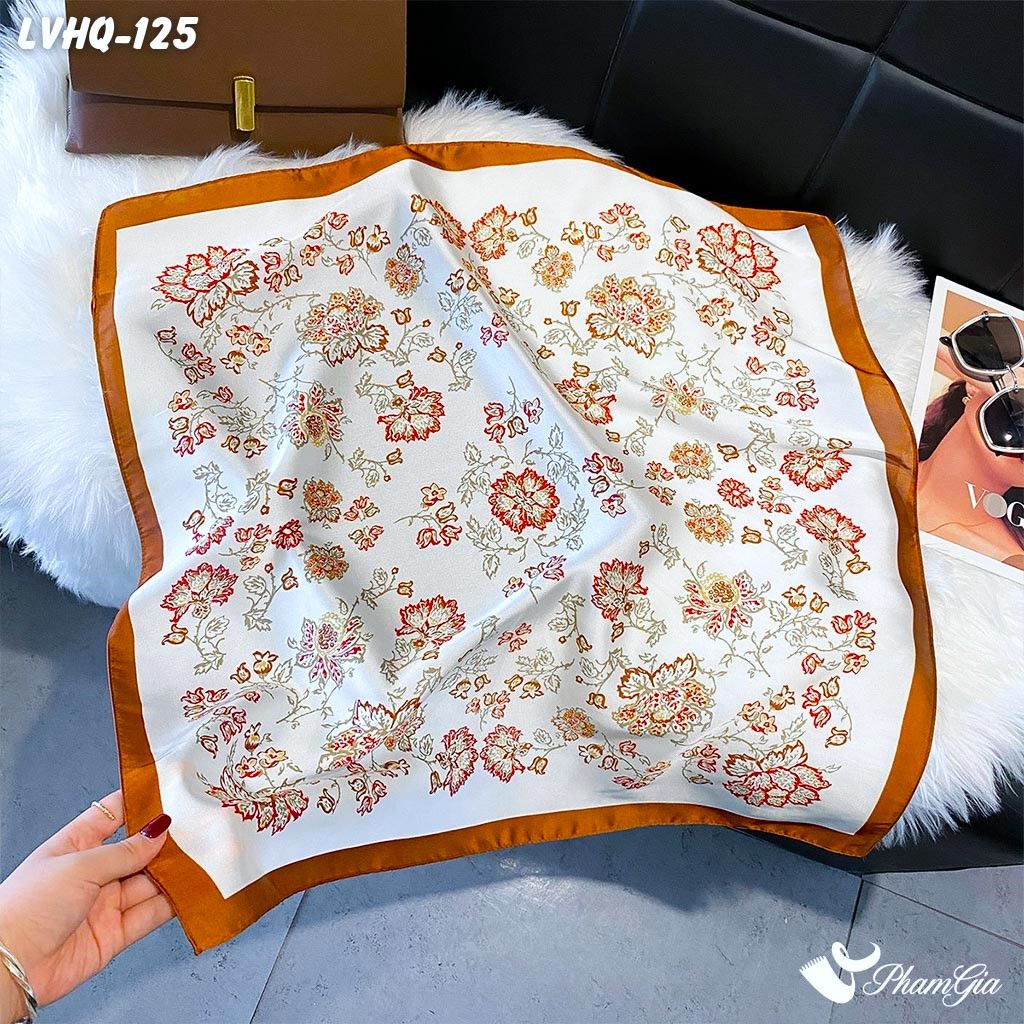 Khăn Lụa Vuông 70*70Cm Phong Cách Hàn Quốc Họa Tiết Hoa Cách Điệu Viền Nâu (LVHQ125)