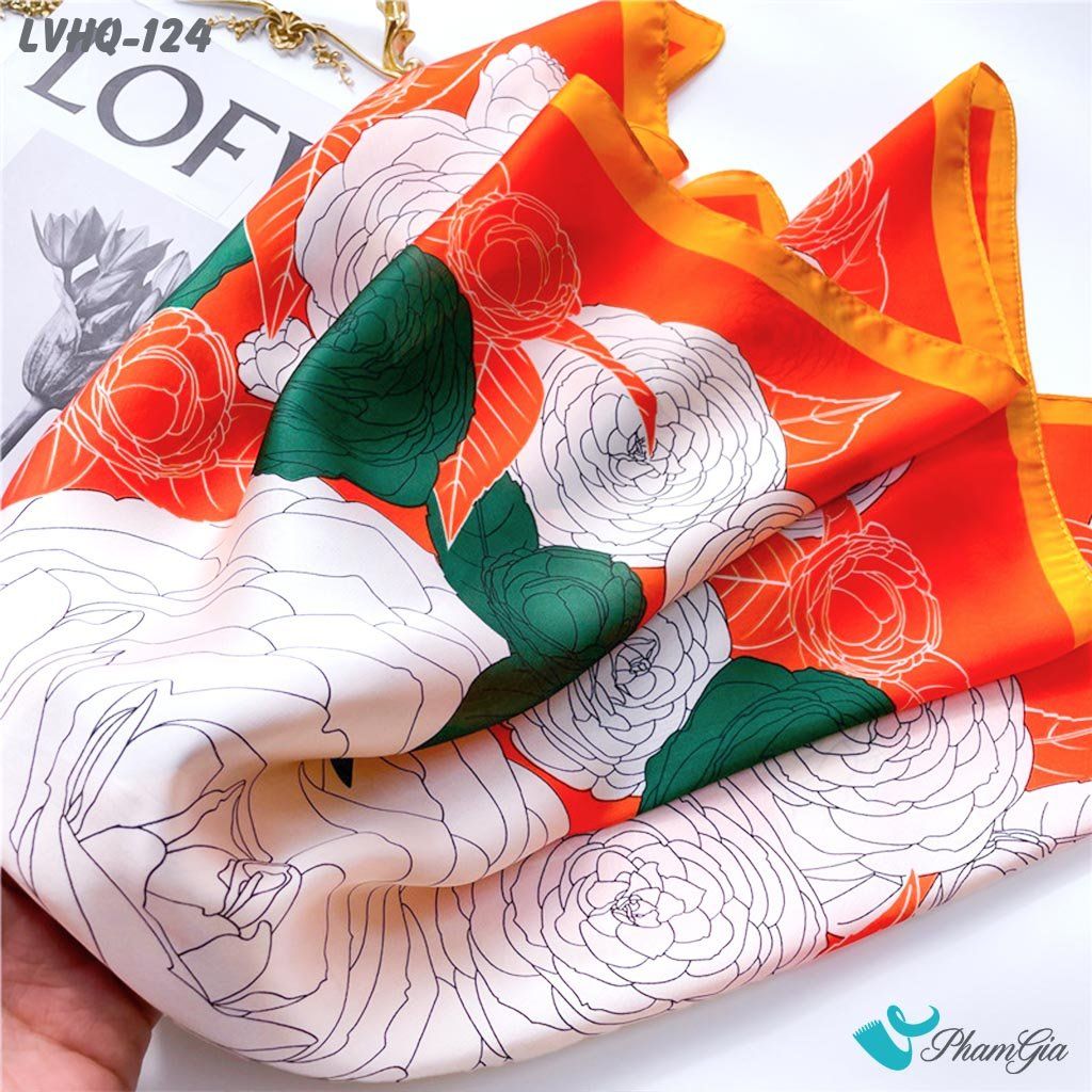 Khăn Lụa Vuông 70*70Cm Phong Cách Hàn Quốc Họa Tiết Hoa Hồng Phối Viền Cam (LVHQ124)
