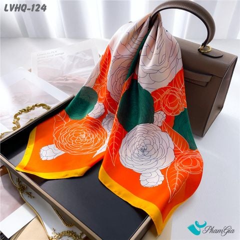 Khăn Lụa Vuông 70*70Cm Phong Cách Hàn Quốc Họa Tiết Hoa Hồng Phối Viền Cam (LVHQ124)