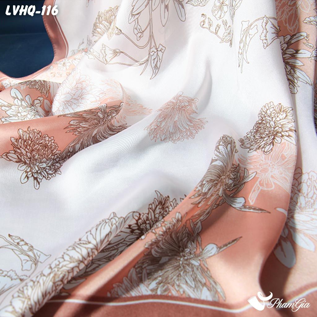 Khăn Lụa Vuông 70*70Cm Phong Cách Hàn Quốc Họa Tiết Hoa Thược Dược Màu Nâu (LVHQ116)