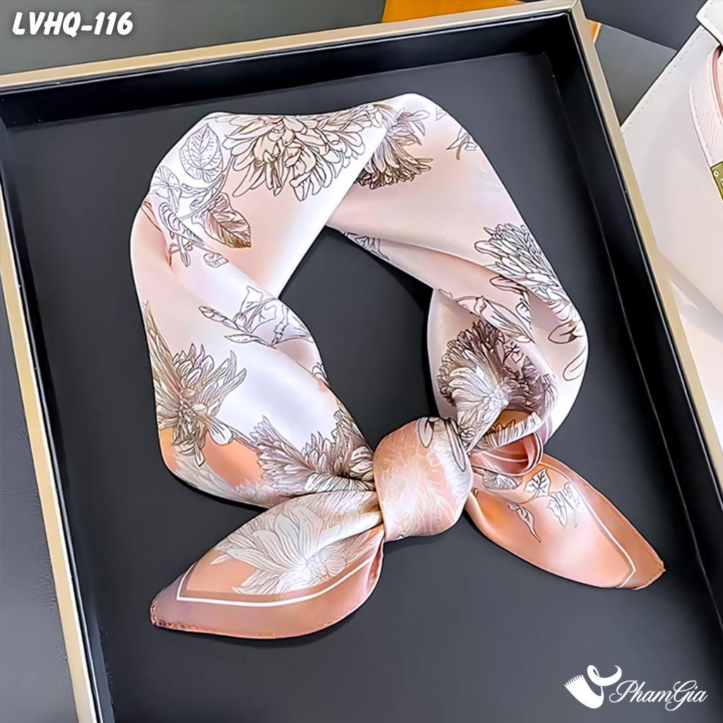 Khăn Lụa Vuông 70*70Cm Phong Cách Hàn Quốc Họa Tiết Hoa Thược Dược Màu Nâu (LVHQ116)