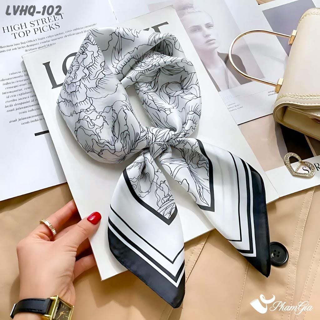 Khăn Lụa Vuông 70*70Cm Phong Cách Hàn Quốc Họa Tiết Hoa Tối Giản Màu Trắng (LVHQ102)