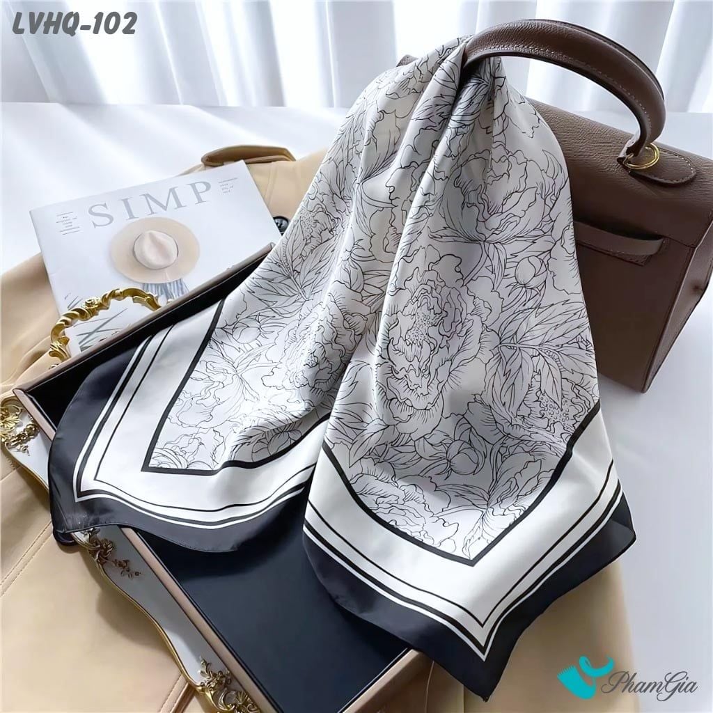 Khăn Lụa Vuông 70*70Cm Phong Cách Hàn Quốc Họa Tiết Hoa Tối Giản Màu Trắng (LVHQ102)