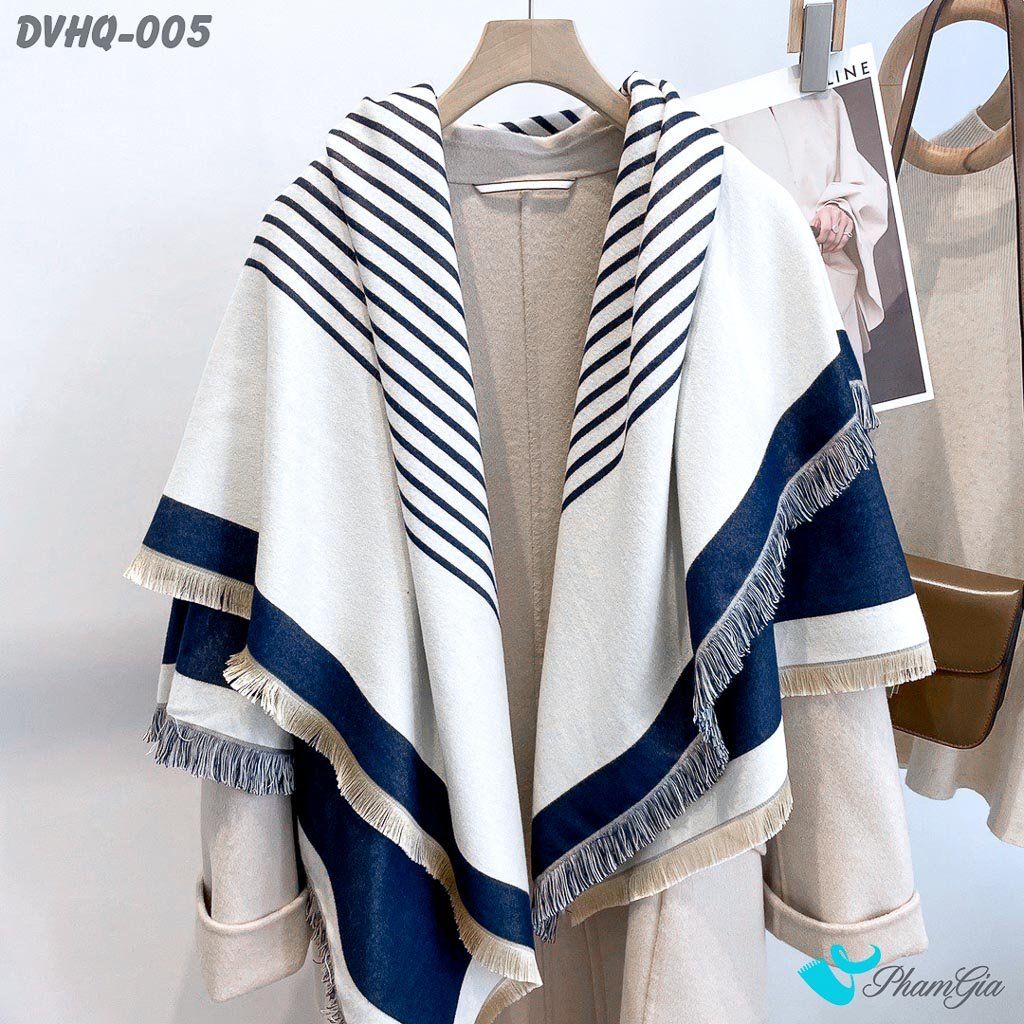 Góc Thẳng Khăn Choàng Dạ Cashmere Vuông Phong Cách Hàn Quốc Cao Cấp Họa Tiết Kẻ Sọc Xanh Navy - Trắng