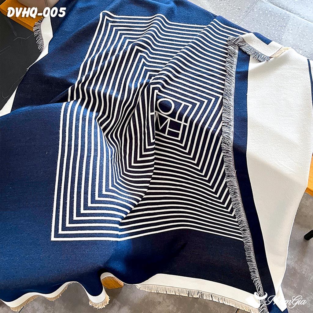 Họa Tiết Khăn Choàng Dạ Cashmere Vuông Phong Cách Hàn Quốc Cao Cấp Họa Tiết Kẻ Sọc Xanh Navy - Trắng
