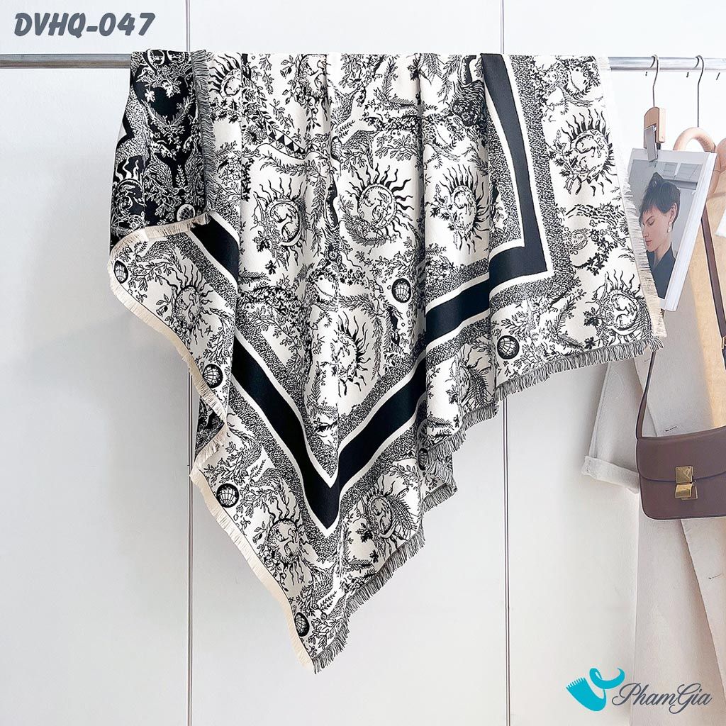 Họa Tiết Khăn Choàng Dạ Cashmere Vuông Phong Cách Hàn Quốc Cao Cấp Họa Tiết Mặt Trời Màu Đen Trắng