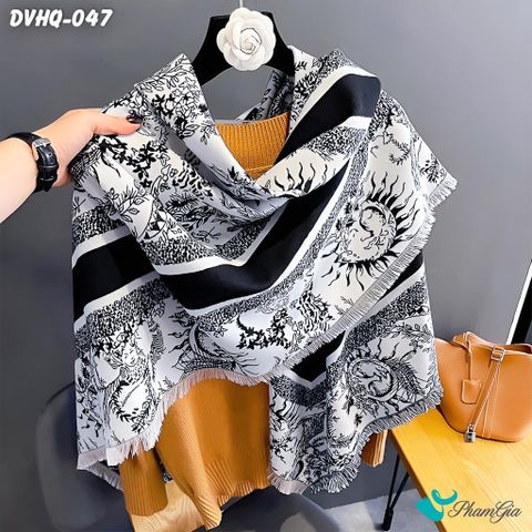 Góc Nghiêng Khăn Choàng Dạ Cashmere Vuông Phong Cách Hàn Quốc Cao Cấp Họa Tiết Mặt Trời Màu Đen Trắng