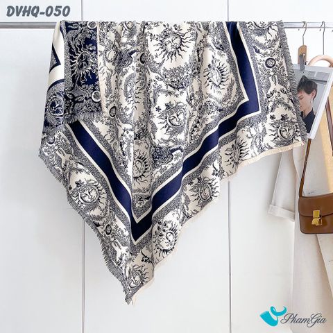 Họa Tiết Khăn Choàng Dạ Cashmere Vuông Phong Cách Hàn Quốc Cao Cấp Họa Tiết Mặt Trời Màu Xanh Navy