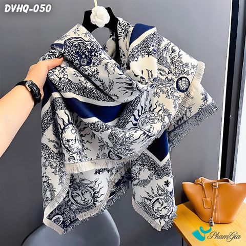 Góc Nghiêng Khăn Choàng Dạ Cashmere Vuông Phong Cách Hàn Quốc Cao Cấp Họa Tiết Mặt Trời Màu Xanh Navy
