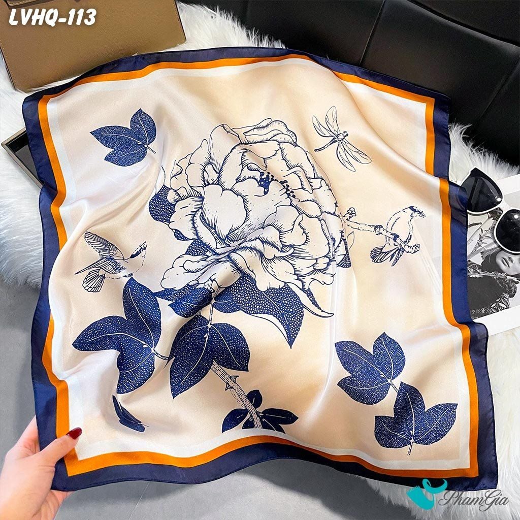 Khăn Lụa Vuông 70*70Cm Phong Cách Hàn Quốc Họa Tiết Hoa Hồng Đại Đóa Màu Xanh Navy (LVHQ113)
