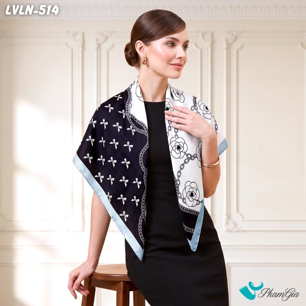 Khăn Lụa Vuông Luna 90X90Cm Họa Tiết Hoa Trà Phối Nơ Màu Đen Trắng Sang Trọng (LVLN514)