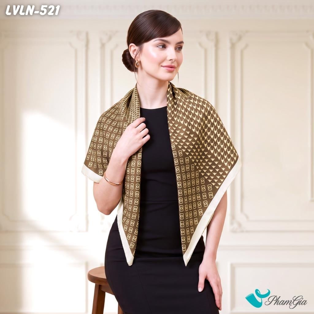 Khăn Lụa Vuông Luna 90X90Cm Họa Tiết Monogram Mắt Xích Màu Nâu Sang Trọng (LVLN521)