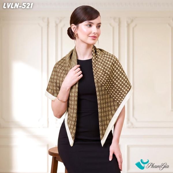 Khăn Lụa Vuông Luna 90X90Cm Họa Tiết Monogram Mắt Xích Màu Nâu Sang Trọng (LVLN521)