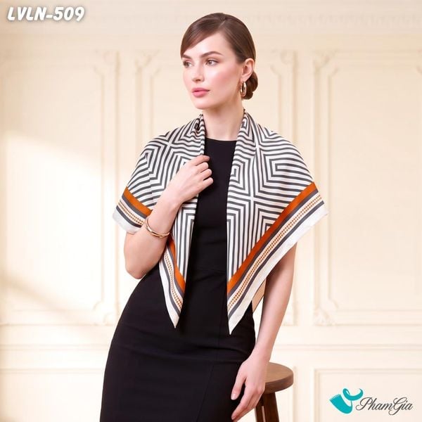 Khăn Lụa Vuông Luna 90X90Cm Họa Tiết Mê Cung Labyrinth Phối Cam Hiện Đại (LVLN509)