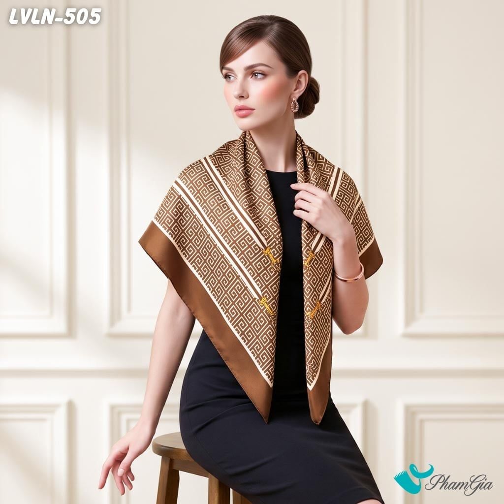 Khăn Lụa Vuông Luna 90X90Cm Họa Tiết Geometric Phối Khóa Kim Loại Màu Nâu Chocolate (LVLN505)